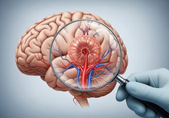 Brain aneurysm research: magnifying glass reveals vessel abnormality in brain