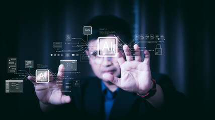 Businessman touching virtual AI screen interface. Future technology concept. Developer analyzing artificial intelligence data network and smart cyber security automation system.