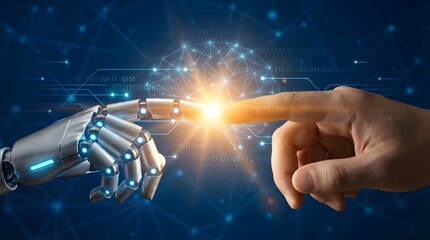 Human and Robot Hands Touching in a Futuristic Interface Concept with Binary Code, Representing Artificial Intelligence, Technology, and the Future of Human-Machine Interaction