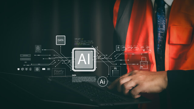 Engineering manager in safety vest using laptop with AI chip and data security hologram. Smart construction industry 4.0 technology for digital business automation network.