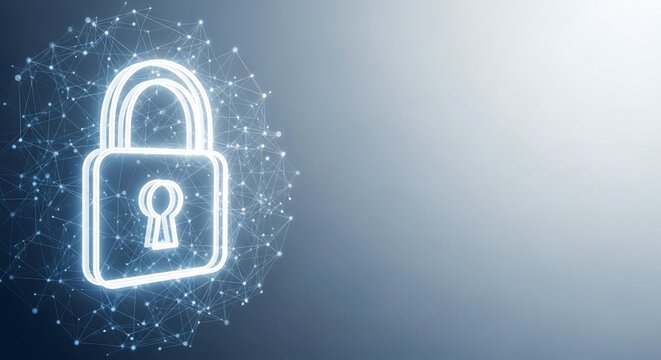 Glowing padlock icon representing digital security, data protection, and cyber privacy within a connected network, symbolizing modern technology