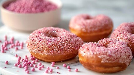 Close up of pink frosted donuts with sprinkles and a bowl of pink powder on a marble surface