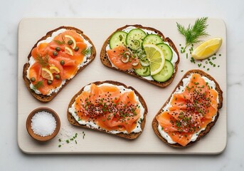 Indulge in delicious smoked salmon toasts with cream cheese and fresh toppings for a vibrant and healthy breakfast or brunch experience
