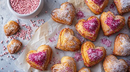 Heart shaped pastries with pink sprinkles and powdered sugar on parchment paper arrangement close up