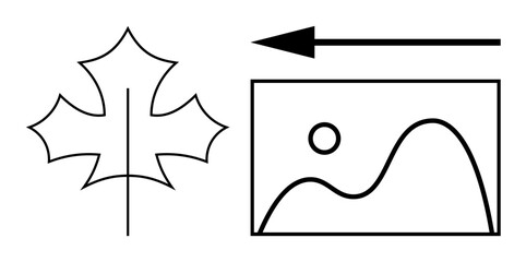 Nature concept. Nature through minimalist line art combining a maple leaf, arrow, and landscape motif. Nature inspired design for educational, artistic, and cultural contexts. environmental