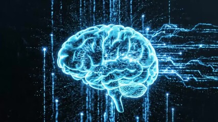 Abstract glowing blue human brain with electric neural impulses