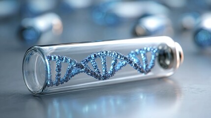 Stunning DNA strand showcased in a glass vial, a modern representation of genetics research and scientific discovery for innovative projects and biotech presentations