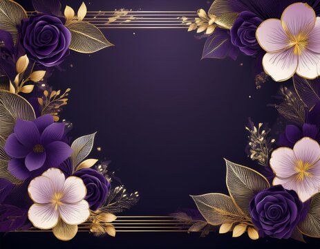 elegant floral banner with deep purple flowers gold leaves and delicate accents on dark background perfect for luxury celebrations