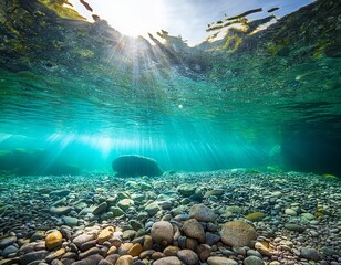 underwater sunlight rays illuminate smooth pebbles on riverbed beneath crystal clear turquoise water surface nature tranquility