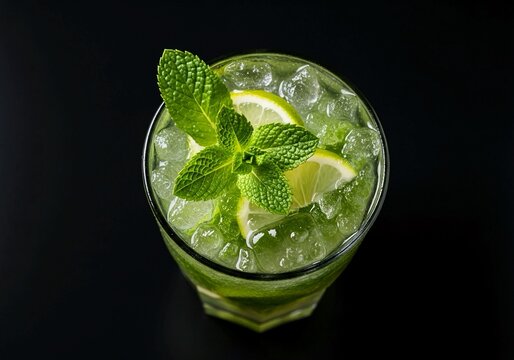 Refreshing mojito cocktail with fresh mint and lime on sleek black background, perfect for summer promotions or sophisticated bar menus, vibrant and cool