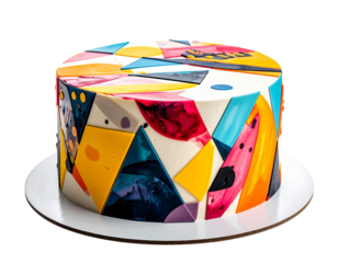 Modern abstract art birthday cake with colorful geometric patterns, isolated on a transparent background, PNG