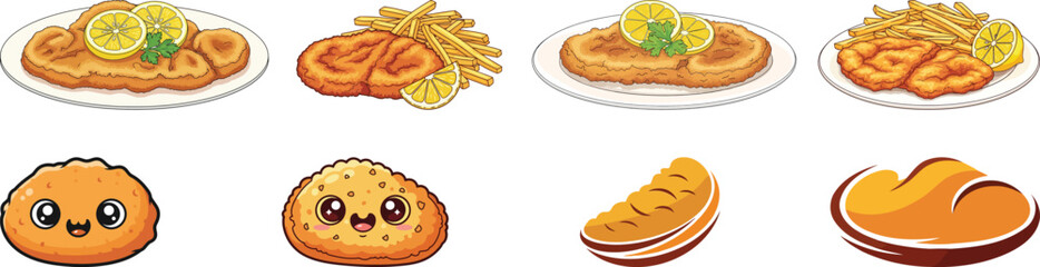 Schnitzel and Fried Food Vector Illustrations Set
