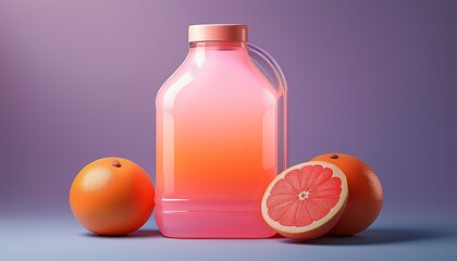 a grapefruit juice gallon with a soft pink and orange gradient finish and minimalist design on a light lavender background