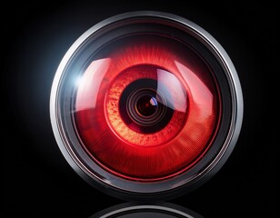 futuristic red glowing surveillance camera eye with bright lights and reflection in black background