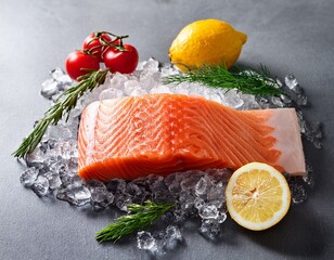 fresh raw fish salmon and vegetables on ice with lemon and herbs on gray background