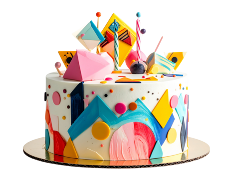 Modern abstract art birthday cake with colorful geometric patterns, isolated on a transparent background, PNG 