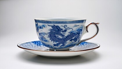 a single porcelain teacup with a delicate blue dragon pattern placed on a plain white surface