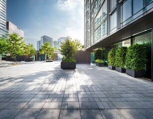 modern building entrance plaza with greenery