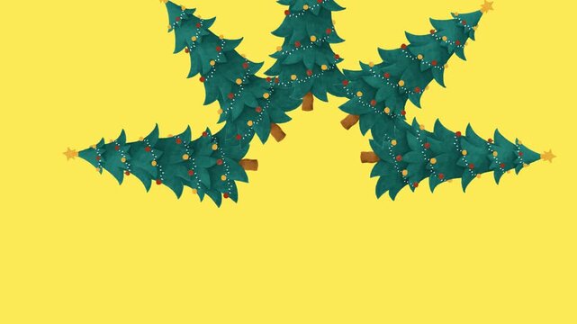 draw unique pink flower decorate with green stylish leaf and star in round shape on yellow screen background
