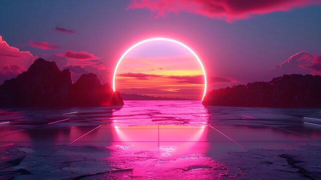Neon circle portal over water with pink clouds and mountains in a futuristic landscape scene view