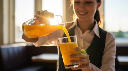 Woman pouring orange juice into a glass - Powered by Adobe