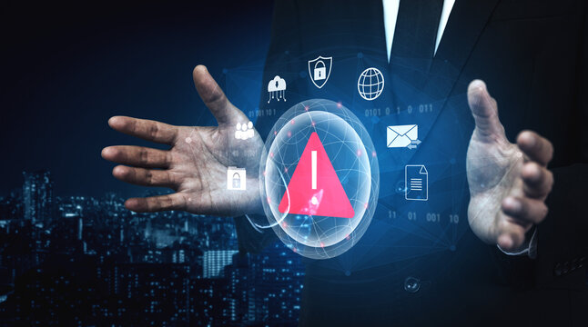 Red warning triangle representing a cybersecurity threat or data breach alert, surrounded by digital security and network protection icons, symbolizing cyber risk awareness Parse
