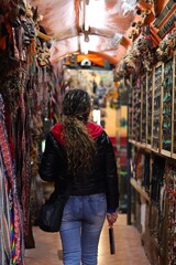 Obraz premium Young Woman Shopping for Handicrafts in Cusco
