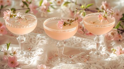 Three cocktails garnished with pink flowers on a white lace tablecloth in a soft romantic light