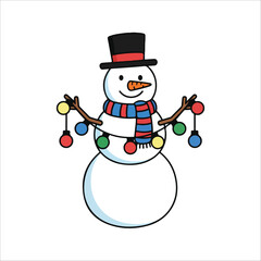 Happy snowman with black hat red scarf and colorful christmas lights winter holiday character icon for festive seasonal celebration or cheerful decoration