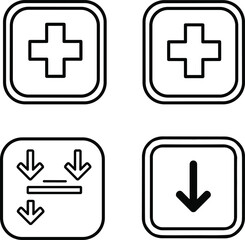 Download arrow icons, compression symbol, plus sign buttons, black and white UI elements, minimal interface graphics, flat vector illustration