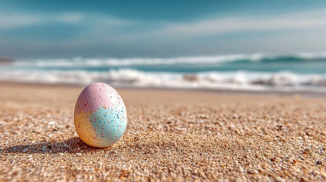 Celebrate Easter at the beach with a pastel egg on the sand, perfect for spring holiday promotions and coastal themed designs, offering a fresh and vibrant visual for joyful campaigns