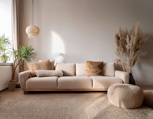 beautiful home interior mockup design with contemporary sofa room natural colors materials daylight modern furniture cozy stylish living area concept