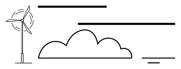 Wind energy concept. Wind turbine with abstract cloud and line elements clean energy and sustainability. Wind energy for renewable power, eco-friendly production, sustainable design, green