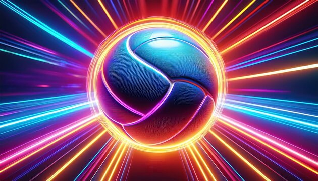vibrant volleyball surrounded by glowing neon energy rings floats in dynamic colorful background