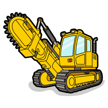Heavy Duty Yellow Trenching Machine Vector Illustration with Rotating Cutter Wheel and Crawler Tracks for Construction and Excavation Projects