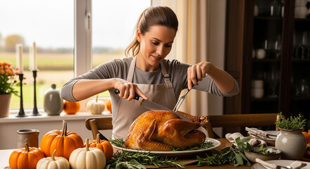 Woman carving turkey at dining table, holiday meal preparation and autumn celebration at home
