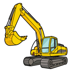 Yellow Excavator Heavy Construction Machine Vector Illustration with Detailed Arm, Bucket, and Crawler Tracks Isolated on White Background