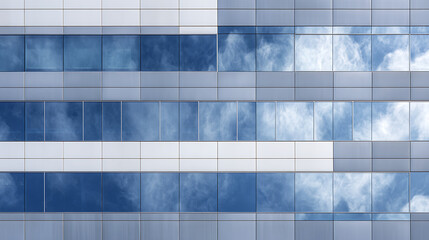 Geometric patterns of blue sky and white clouds reflected on a modern building facade architecture