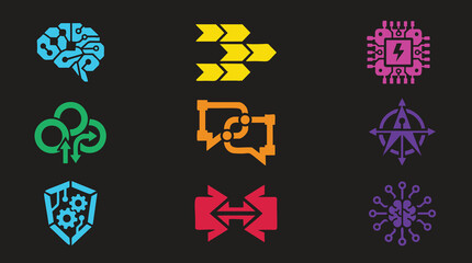 Dynamic collection of vibrant tech icons representing innovation, workflow, security and intelligence