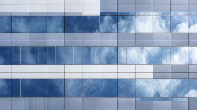 Geometric patterns of blue sky and white clouds reflected on a modern building facade architecture