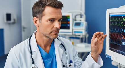 Cardiologist focusing on heart monitor data in hospital, cardiology and healthcare analysis