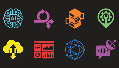 Modern technology icons showcase artificial intelligence, data, and communication solutions for digital transformation