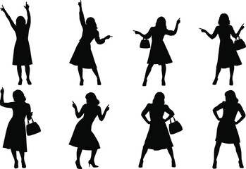 Silhouette woman poses collection, stylish female figure dancing and pointing, fashion attitude set, isolated black silhouettes for design and advertising use