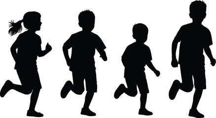 children running, kids silhouette, active youth, outdoor play concept, group motion illustration, energetic children, playful activity, childhood movement, sport action scene