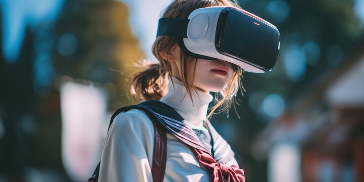 Student Wearing VR Headset in School Uniform for Innovative Learning