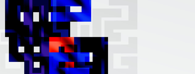 Abstract digital art. Blue dominates, with red focal point. Geometric shapes create complex visual texture. Minimalist composition.