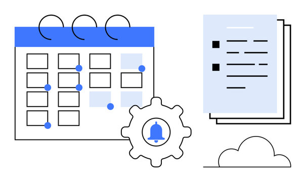 Calendar with marked dates, gear with reminder bell, stacked documents, and a cloud. Ideal for planning, scheduling, time management, organization goal setting deadlines productivity. Simple flat