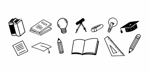 Illustration of various education and learning related items in a simple black and white style on transparent background