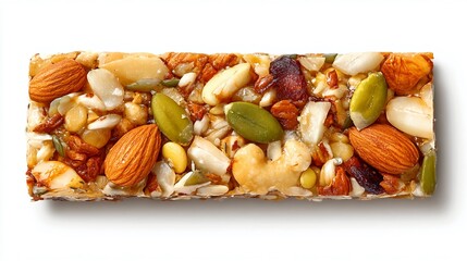 Fuel your day with a protein packed nut bar, perfect for a quick and delicious snack, featuring almonds, cashews, pumpkin seeds, and cranberries on a clean white background