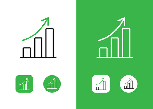 Positive data earning sale profit, arrow up upward trend bar graph chart infographic outline line icon symbol sign vector